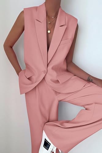 Image of PRETTYGARDEN Women's 2 Piece Outfits Sleeveless Suit Vest and Wide Leg Pants Business Casual Blazer Sets