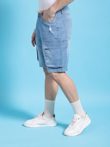 Image of The Indian Garage Co Men Relaxed Fit Solid Mid-Rise Denim Cargo Shorts