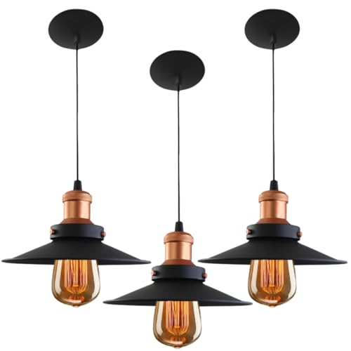 Kit 3 Luminárias Pendentes Estilo Nórdico, 22 cm, Preto com Cobre, Vintage, Retrô, Industrial