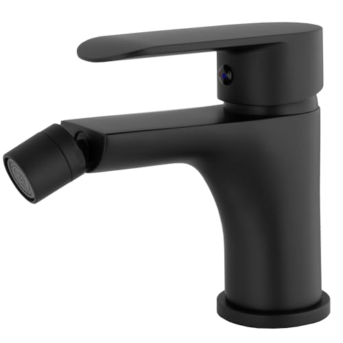 VALAZ Grifo Bidet Negro Mate | Grifo Monomando Lavabo, Mezclador Agua Fría y Caliente, Ahorro de Agua | Instalación Facil y Rápida | Latón, Inoxidable, Elegante, Redondo Plano, Serie Turia