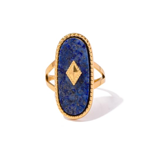 Western Chunky Natural Lapis Lazuli/African Jade Statement Rings, 10 * 25MM Cut Gemstone 18K Gold Plated Exaggerated Resizable Rings, Stackable Fashion Ring for Women