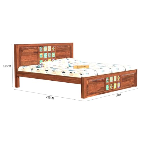 Image of SONA ART & CRAFTS Taurus Solid Sheesham Wood King Size Bed Without Storage (78x72) with 2 Bedside Table, Double Bed King Size Cot for Bedroom (Natural Finish)