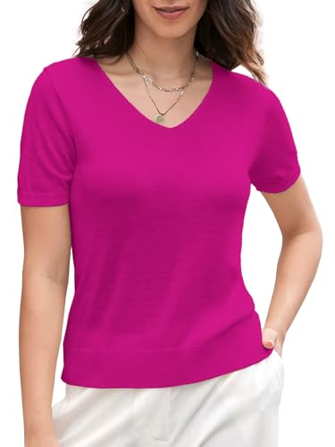 Image of SANGTREE Women's Short Sleeve Sweaters V Neck Casual Knit Pullover Tops | Perfect as a lightweight sweater for spring /summer or as a layering piece. Ideal for office, daily, holiday, home etc