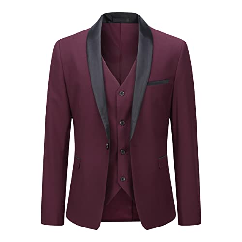 Boyland Men’s 3 Pieces Suit Shawl Lapel Tuxedo Suits One Button Tux Jacket Vest Trousers Dinner Wedding Claret #TOP1
