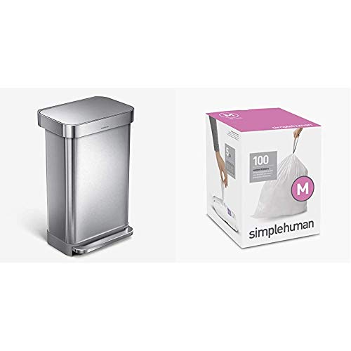 simplehuman 45 Liter Rectangular Hands-Free Kitchen Step Trash Can with Soft-Close Lid, Brushed Stainless Steel & Code M Custom Fit Drawstring Trash Bags, 45 Liter / 12 Gallon, White, 100 Count