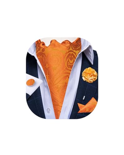 Image of DiBanGu Mens Silk Ascot Ties Paisley Jacquard Woven Cravat and Pocket Square Cufflinks with Lapel Pin for Business Wedding