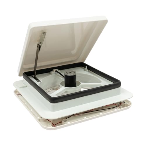 Esyogen Ventilatore da tetto per camper, 360 x 360 mm, 12 V, 33 dB, colore bianco, con ventilatore di ventilazione a LED, apertura e chiusura manuale di 45°, volume di scarico 30 m³/min