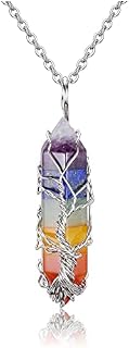 CrystalTears Natural Healing Crystal Stone Necklace Silver Tree of Life Wire Wrapped Hexagonal Crystal Points Pendant Necklace for Women