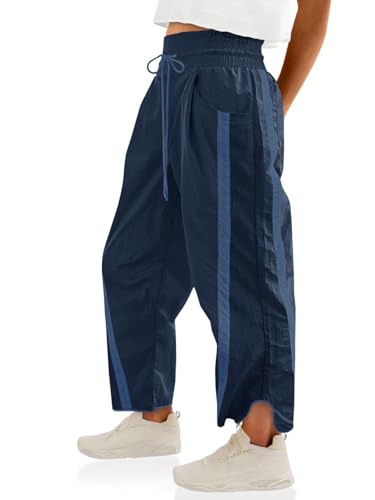 Putysenxi Womens Pants Baggy Wide Leg Casual Workout Elastic Waisted Stripes Track Pockets Y2K Barrel Trendy Navy Blue