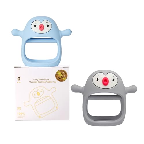 Smily Mia 2Pack Baby Teething Toy for 0-6Month Babies, Penguin Teether and Mushroom Teething Mitten for Infants, Anti Dropping Wrist Hand Teethers Baby Chew Toys for Sucking Needs, Light Blue