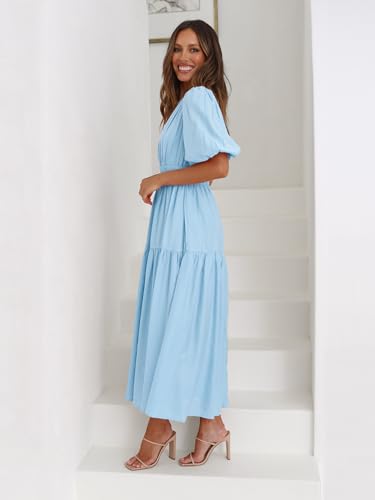 Image of 2025 Summer Deep V Neck Casual Dresses for Women Elegant Flowy Midi Dress Wedding Guest Dress