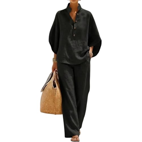 Conjunto de lino para mujer transpirable de dos piezas con blusa de cuello alto fluida