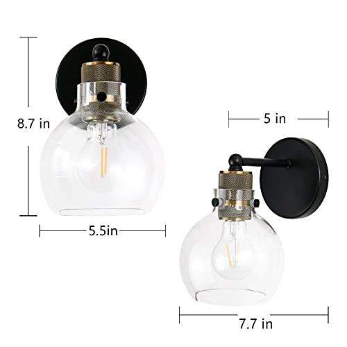 Image of MONKFISH Modern Industrial Wall Sconce Light with Glass Globe Shade, Black & Brass Wall Lamp Fixture for Bathroom, Bedroom, Hallway & Living Room, E26 Socket, UL Listed