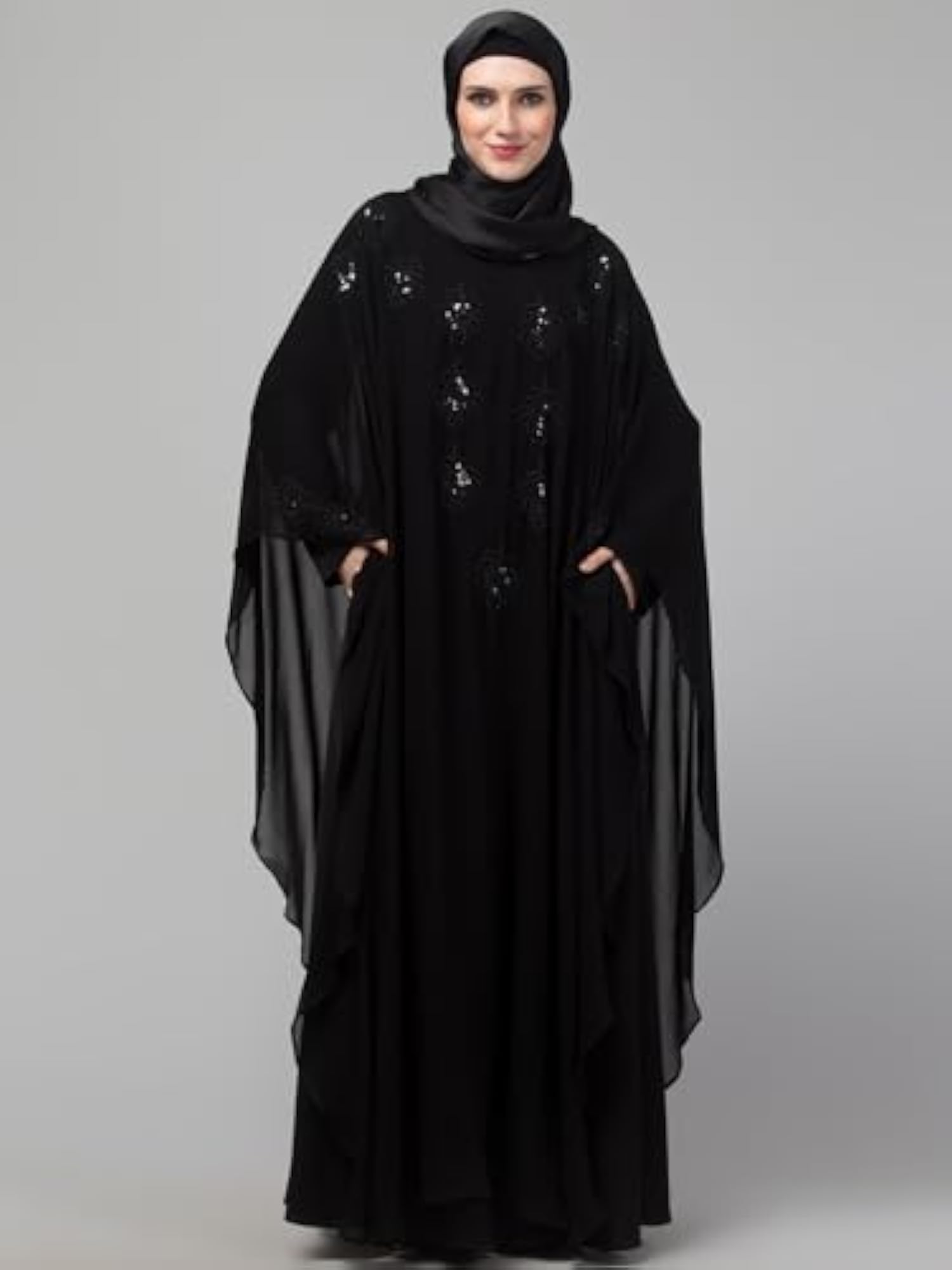 Double Layer Hand Black Embroidery Butterfly Abaya