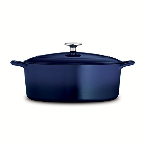 Image of TRAMONTINA Bestow Oval Dutch Oven 5.2L with Lid | Enameled Cast Iron Casserole Pot & Biryani Pot | Even Heat Retention | Low Oil Healthy Cooking | No Seasoning Required | All Cooktops Compatible | Blue