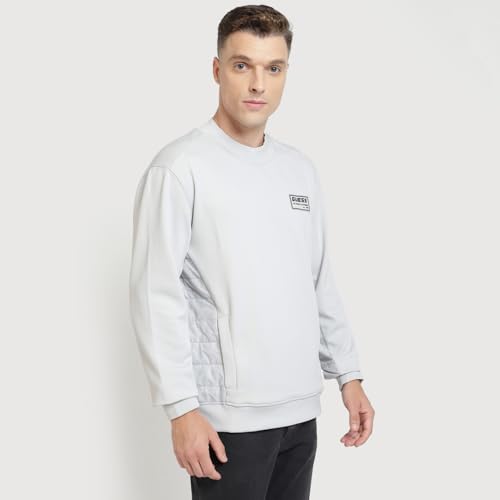 Image of GUESS Men Grey Solid Round Neck Full Sleeves Pullover Style Sweatshirt