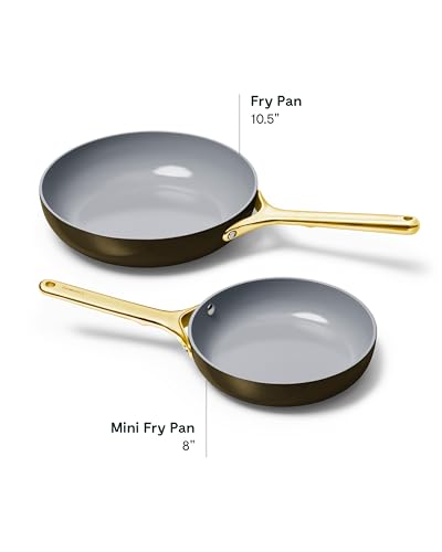 Image of Caraway Ceramic Fry Pan Duo with Glass Lids - Non-Stick Frying Pans (10.5 inch & 8 inch) - Non Toxic, PTFE & PFOA Free - Oven Safe & Compatible with All Stovetops - Black