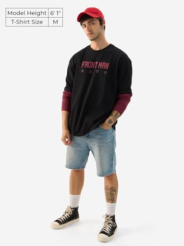Image of The Souled Store Official Squid Game: Front Man Men and Boys Round Neck Black Graphic Printed Cotton Oversized Full Sleeve T-Shirts