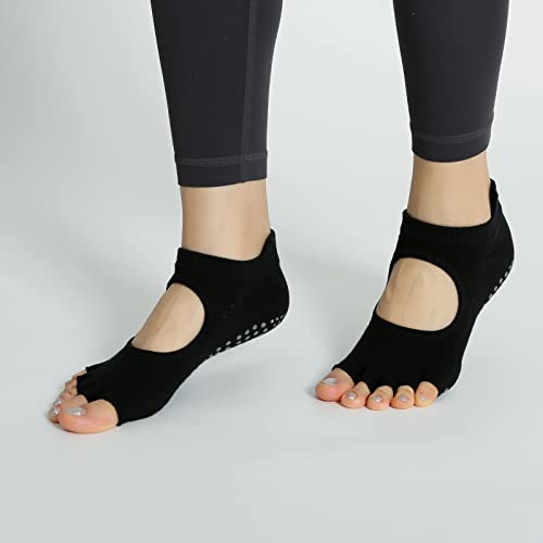 Image of Yoga Pilates Toe Socks Toeless Socks with Grips for Women Non Slip Cushioned Low Cut Ankle Socks for Dance