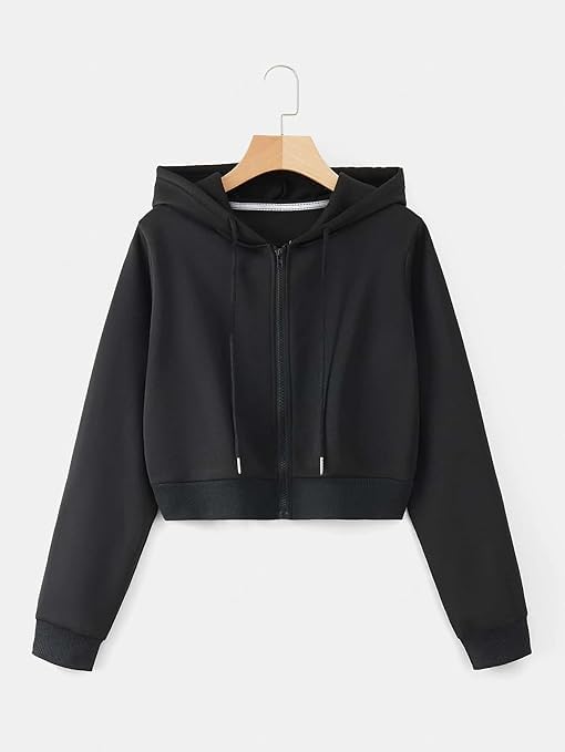 Image of Solid Long Hooded Neck Hoodie Zipper Crop Jacket for Women's