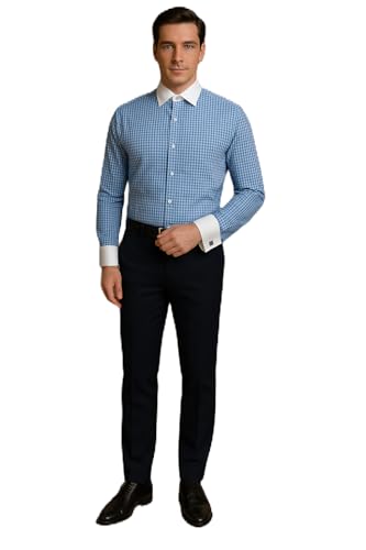 Image of Men's Premium Cotton Formal Dress Shirt - White Collar & French Cuffs with Cufflinks | Solid White, Micro Check & Striped for Office, Wedding
