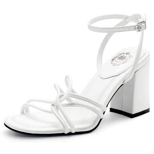 Pasuot Strappy Heels for Women - White Open Square Toe Chunky Heeled Sandals Block Heel Ankle Buckle Strap Dress Shoes for Prom Party Wedding Not for Wide Feet Size 8