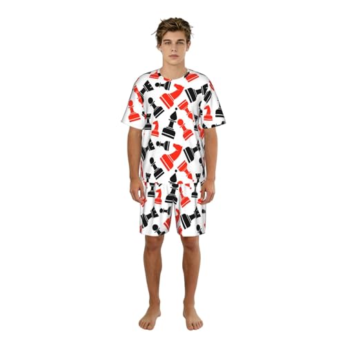 Pijama de ajedrez para hombre de dos piezas con camiseta y pantalones cortos