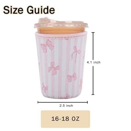 Image of Reusable Insulated Sleeve for Iced Coffee Cup, Coffee Neoprene Sleeve for Cold & Hot Drinks, Beverage Holder for Iced Coffee (Pink Stripe Bows, Small: 16-18oz)