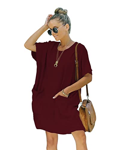 Image of Women's Casual Summer T Shirt Dress Elastic Loose Short Sleeve Dress with Pocket for Women