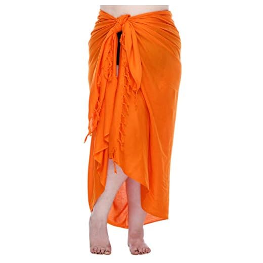 SHU-SHI - Sarong/paréo/jupe drapée avec boucle en noix de coco - pour femme - look de plage - solide/à porter sur le maillot de bain - grande taille - orange
