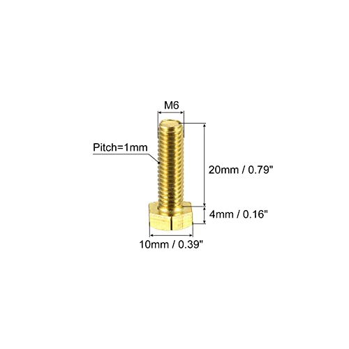 Image of uxcell Brass Hex Bolts, M6x20mm 10pcs Fully Thread Grade 4.8 Solid Brass Hexagon Head Bolt Machine Screws for Machinery