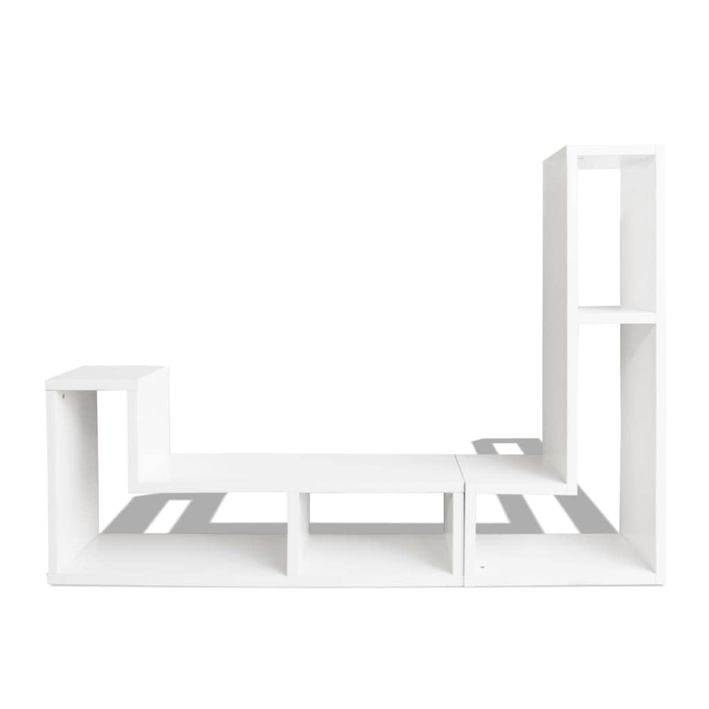 Mueble doble para TV en forma de L, color blanco, con 2 estantes en forma de L para mucho espacio y configuración flexible