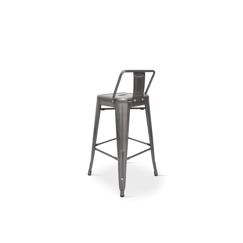 Kosmi - Sgabello da Bar in Metallo Grezzo con Piccolo Schienale, Sedia da Bar Sgabello in Metallo Altezza 66 cm Perfetto per Piano Cucina di Circa 90 cm, Finitura zincata