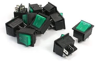 DPST 4 Pin Rocker Switch 15A 20A 250V 125V ON Off | DPST 4-pin rocker switch, 15A/20A 250V/125V AC, ON/OFF, green button, black body, 10pcs.