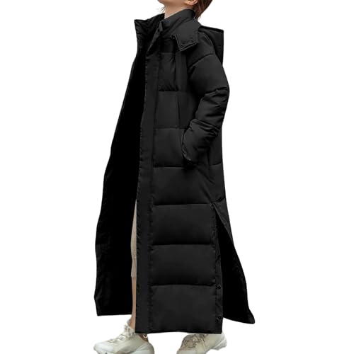 Long Down Winter Jackets for Women Hooded Thicken Warm Down Jacket Hem Slit Padded Puffer Coat Fashion with Pockets