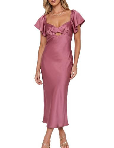 Summer Satin Flutter Sleeve Wedding Guest Dresses for Women Sweetheart Neckline Cutout Tie Back Midi Cocktail Dress Plum