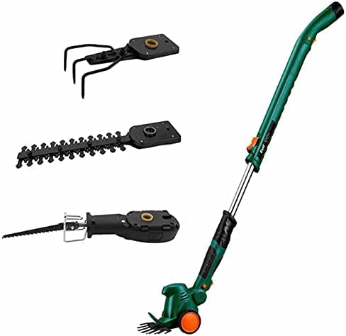 Attrezzi per potatura da Giardino 4 in 1, Tosaerba/tagliasiepi/seghe ad Asta/scarificatore, tagliabordi Elettrico Senza Fili con Ruota e Asta telescopica, 1 Batteria
