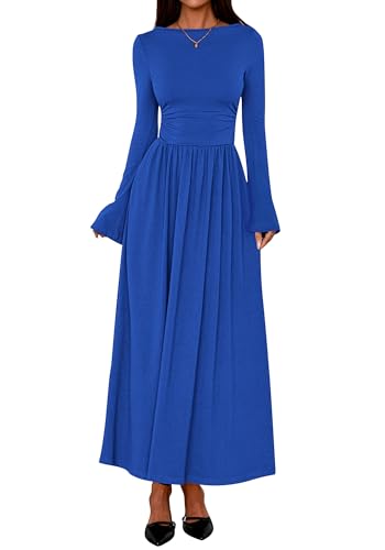 BTFBM Long Sleeve Maxi Dresses for Women 2025 Fall Casual Ruched Boat Neck Flowy Elegant Formal Wedding Guest Dress(Royal Blue, Small)
