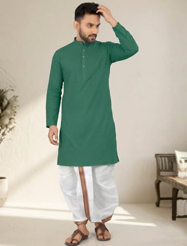 Image of UNIQUE MOMENTS Men's Cotton Dhoti Kurta Set with Full Sleeves Solid Pattern Modern Style and Mandarin Collar Neck | Perfect for Puja & Celebrations