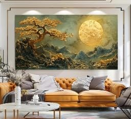 Peinture de nature sur toile au design lune dorée pour sublimer le mur de votre salon