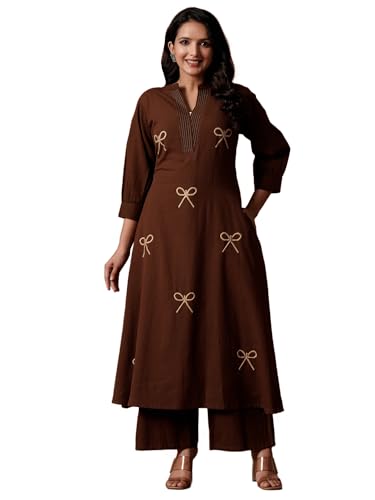 Image of INDO ERA Women's's Pure Cotton Embroidered Kurta Women | Floral Neck & Hem Embroidery | Cotton Kurta Women |