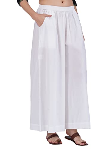 Image of fabcoast Loose Fit Palazzo Pants for Women A-Line Flared Wide Leg Summer Ethnic wear Pure Cotton Cambric with Full Elastic Waistband and 2 Side Pockets