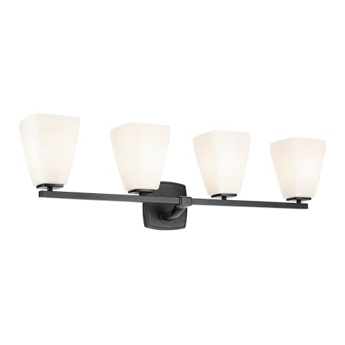 Image of Kichler Marant 33.25 inch 4-Light Bathroom Vanity Light Fixture with Opal Glass in Black for Over Mirror, Modern Wall Mount Lighting for Powder Room (33.25 inch W x 9.5 inch H), 55217BK