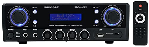 Home Stereo Bluetooth Receiver Amplifier, 60W x 2 RMS, USB/SD/FM Radio, 2 Mic Inputs, Includes Remote - Perfect for Home Theater, Karaoke, and Parties - Rockville BluAmp 100