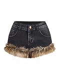 WDIRARA Women's Low Rise Fuzzy Plush Hem Denim Shorts Y2k Grunge Punk Mini Shorts Black Medium