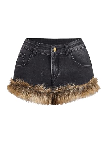 WDIRARA Women's Low Rise Fuzzy Plush Hem Denim Shorts Y2k Grunge