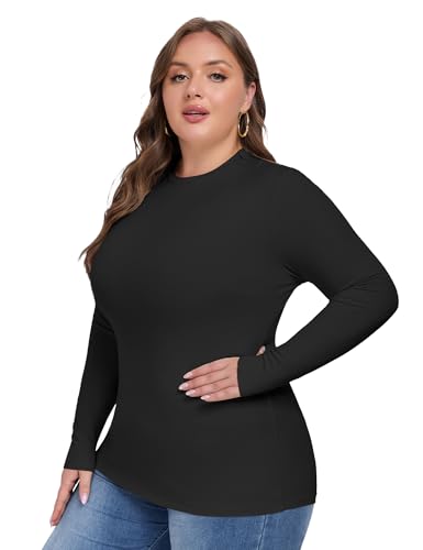 COOTRY Women's Plus Size Long Sleeve Shirts Crew Neck Slim Fitted Basic Tops Casual Outfits Fall Clothes3