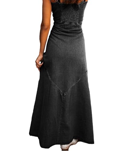 Image of SOMTHRON Women's Spaghetti Strap Button Down Denim Dress Smocked A-Line Washed Bodycon Maxi Jean Dress