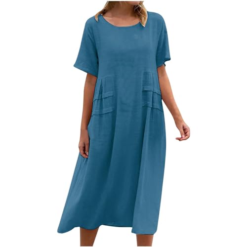 Dresses for Women 2024 Casual Summer Cotton Linen Dress with Pocket Short Sleeve Long Dress Solid Crew Neck Dress