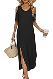AUSELILY Summer Cold Shoulder Maxi Dresses for Women 2026 V Neck Short Sleeve Casual Long Beach Dresses with Split Side Pockets Black X-Large